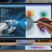 AI and human creativity collaborating in web design with coding interface and digital illustration on screen