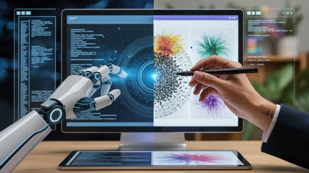AI and human creativity collaborating in web design with coding interface and digital illustration on screen